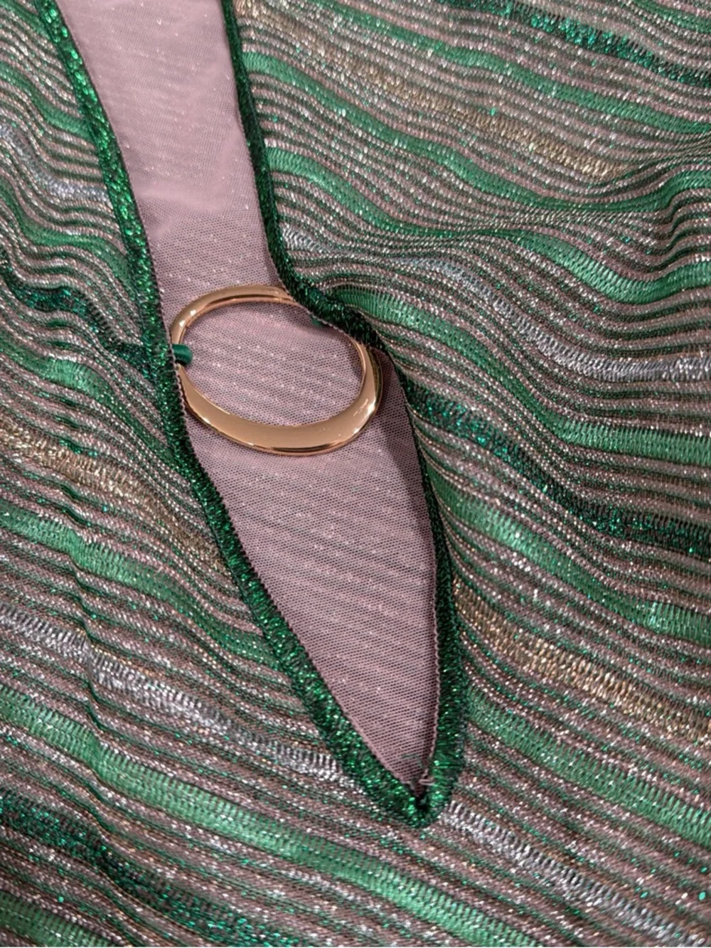 Oseree shiny striped kaftan mini dress with ring detail in green - Picture 7 of 7